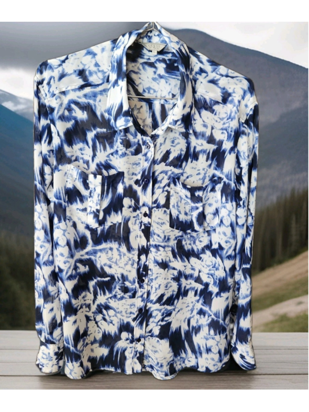 Guess LA Womens Blouse Large Marble Print Button Up Long Sleeves Pocket Sheer